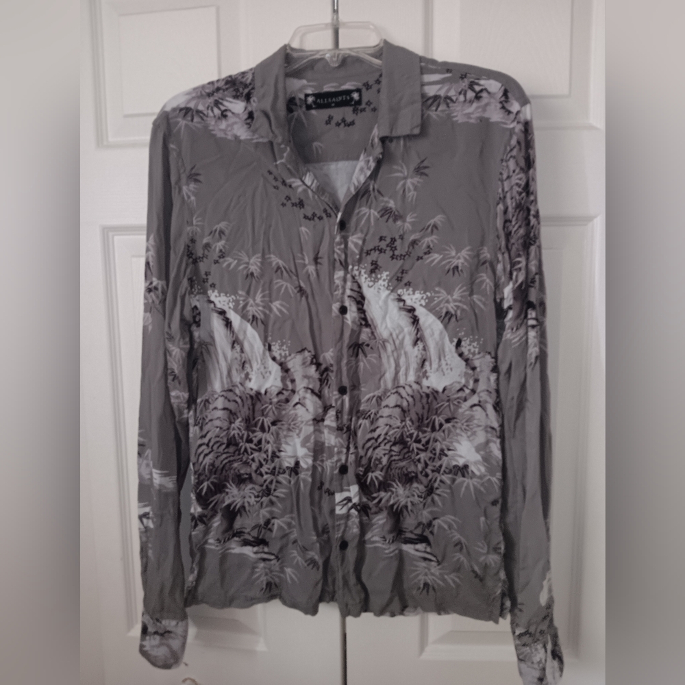 All Saints Mens Gray Java Tiger Button-Up Shirt. … - image 2